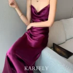 KARFELY/醋酸缎面连衣裙荡领三醋酸吊带裙性感温柔水蜜桃长裙风情