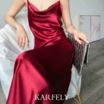 KARFELY/醋酸缎面连衣裙荡领三醋酸吊带裙性感温柔水蜜桃长裙风情