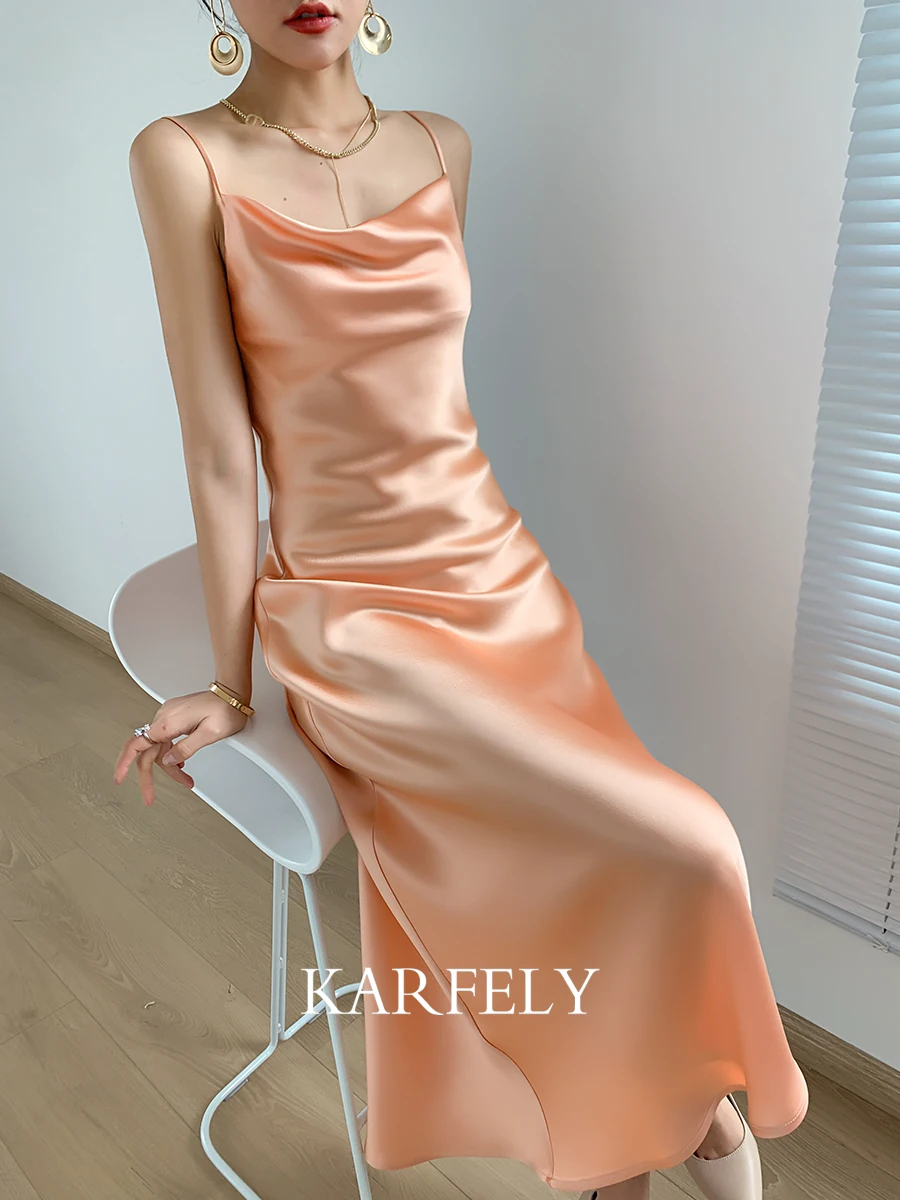 KARFELY/醋酸缎面连衣裙荡领三醋酸吊带裙性感温柔水蜜桃长裙风情