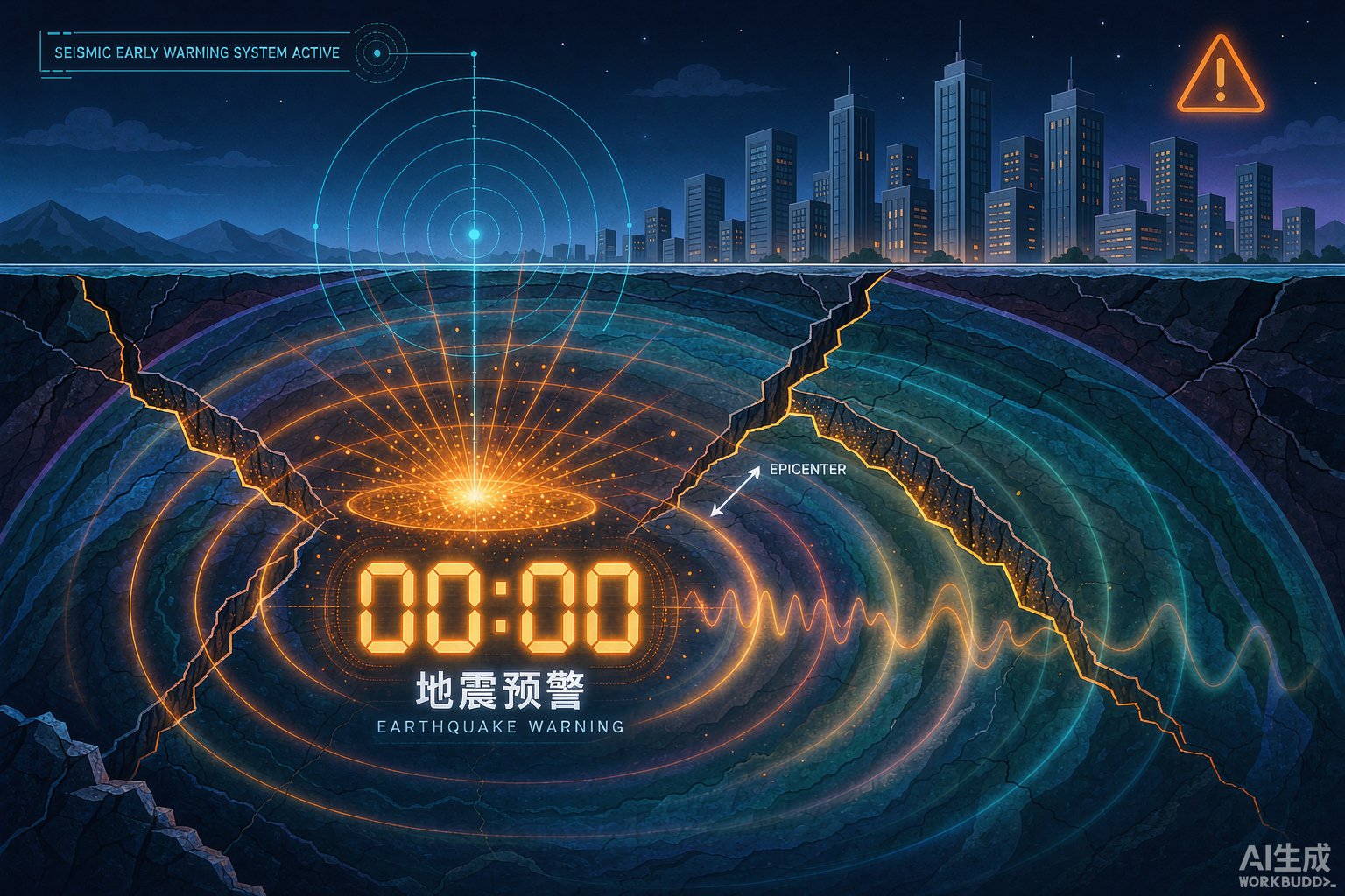 地震预警示意图:地震波从震源向外扩散,叠加数字倒计时预警界面