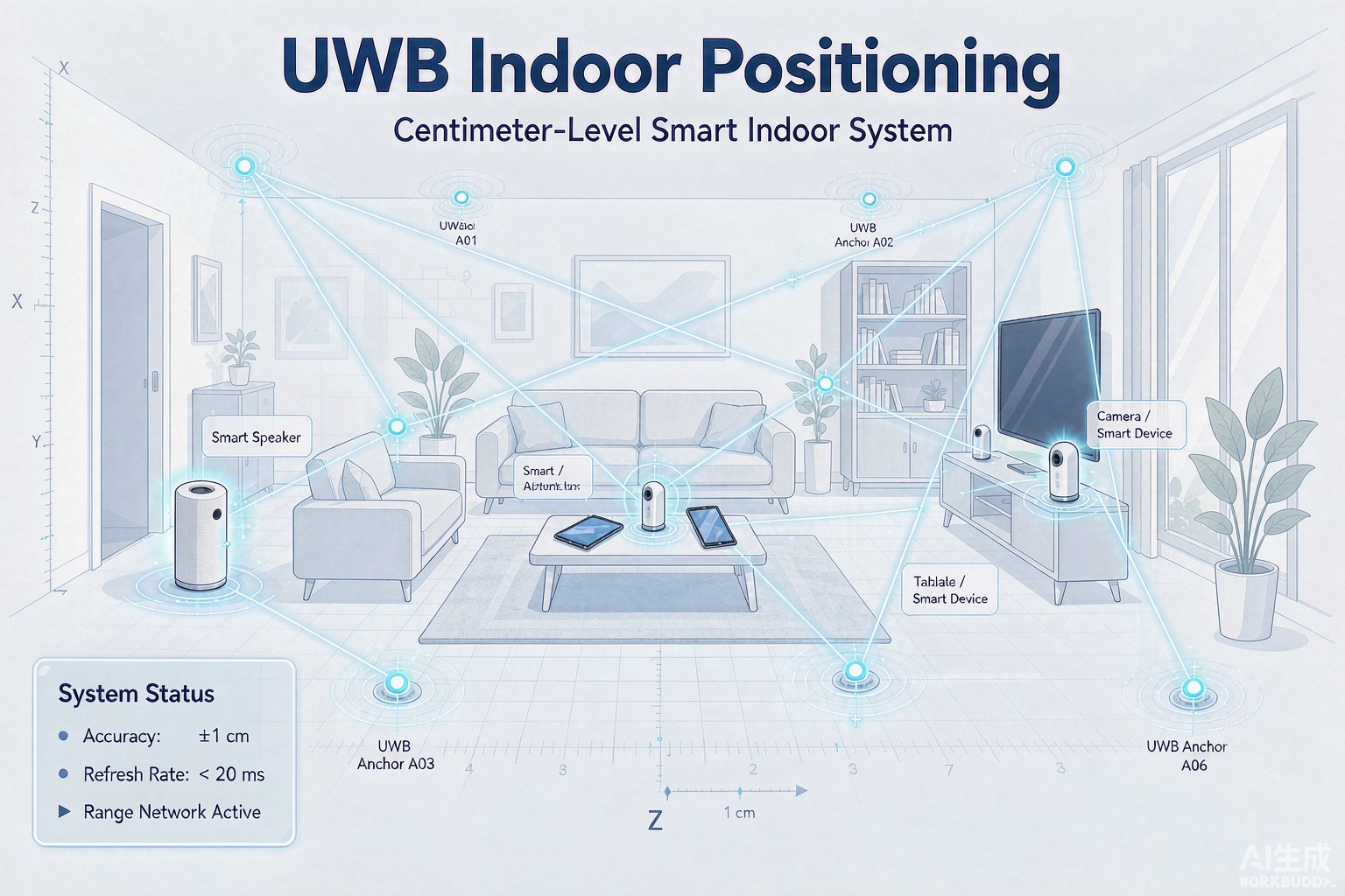 UWB室内定位示意图:客厅平面图上发光的定位锚点与设备间光束连接