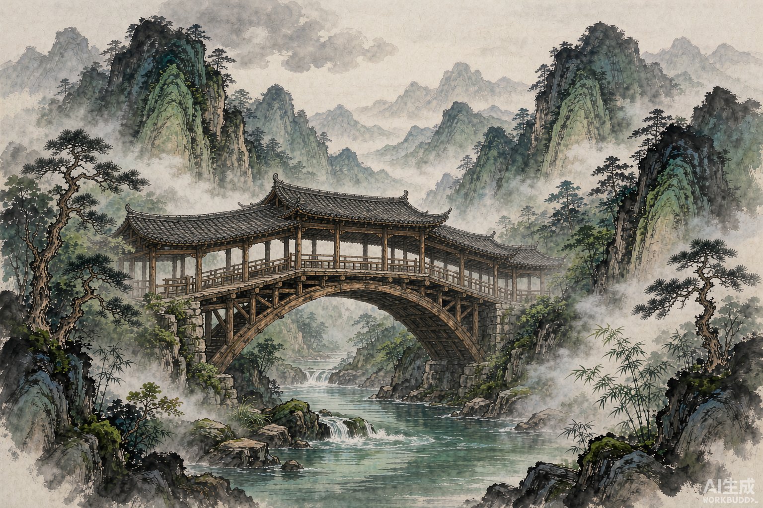 浙南山间木拱廊桥:编织拱木跨过溪流,桥上灰瓦长廊,云雾缭绕