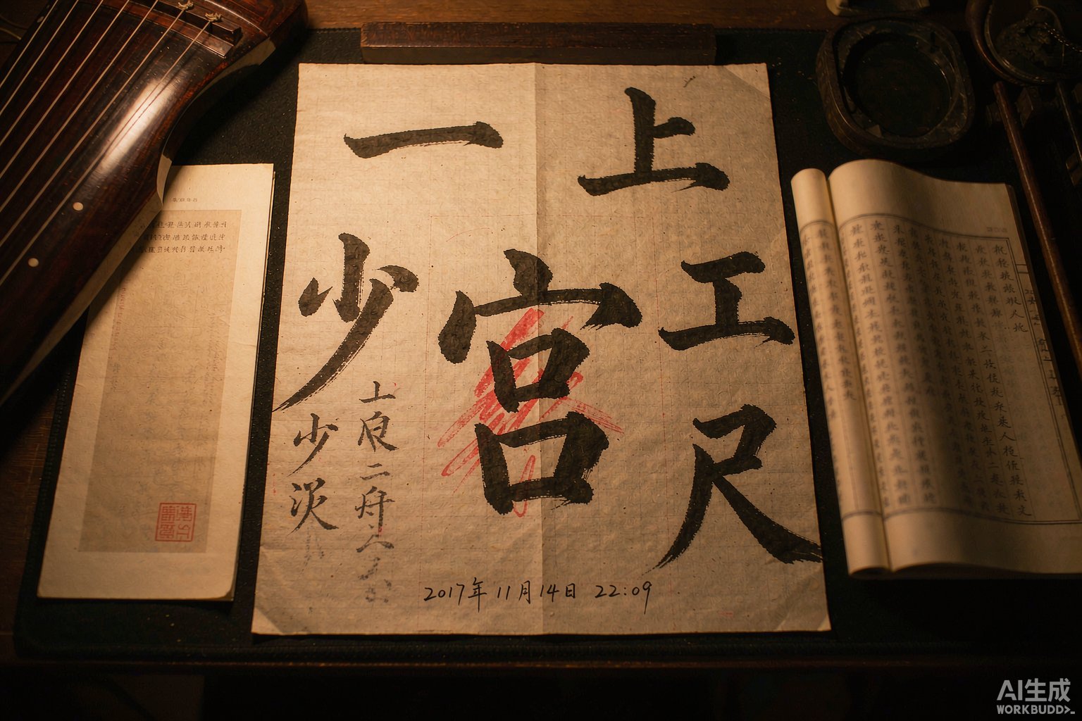 宣纸上的工尺谱字迹与旁边的古琴，暖光书房一角