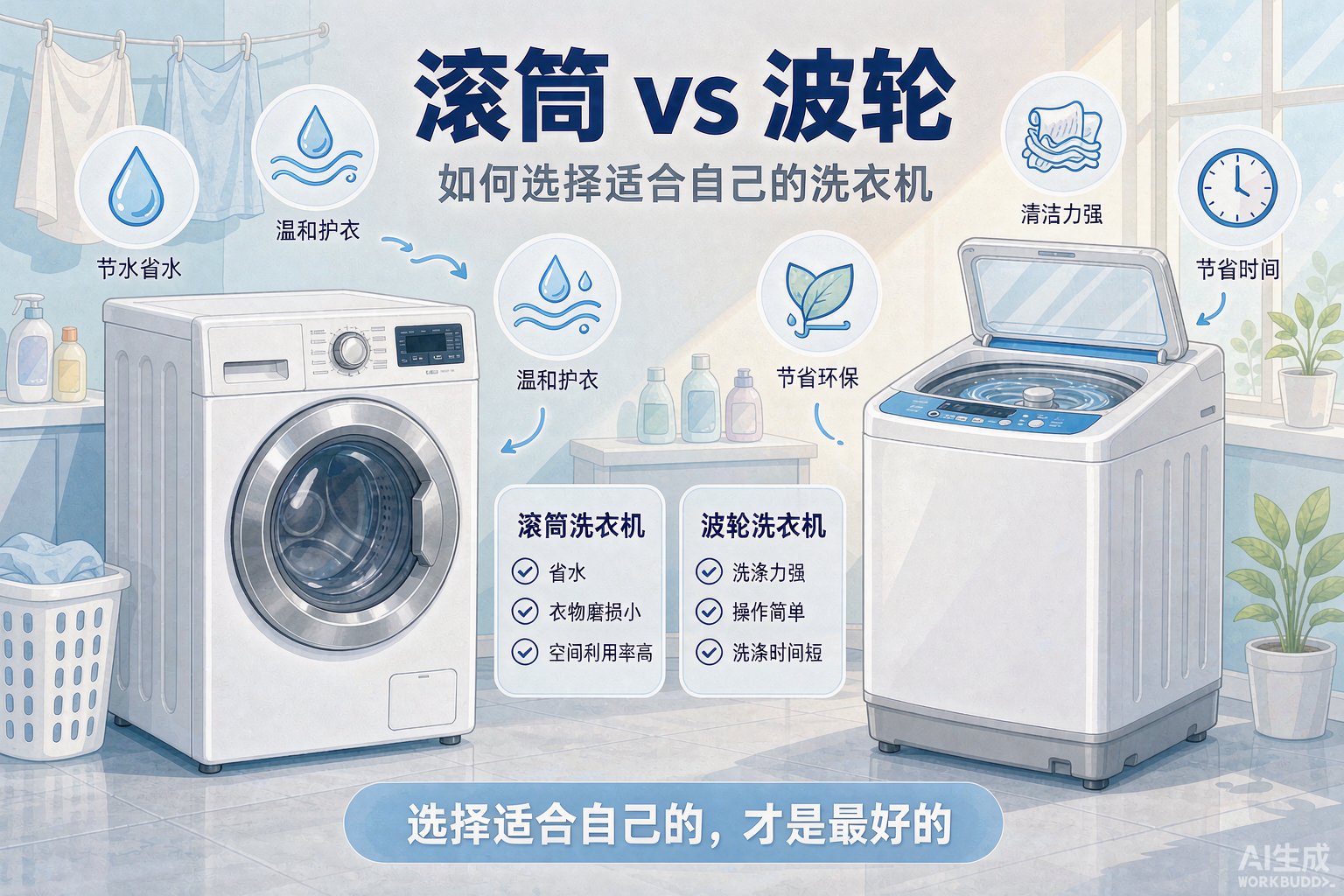 洗衣机选购示意图:滚筒洗衣机与波轮洗衣机并排摆放,漂浮水滴与能效图标