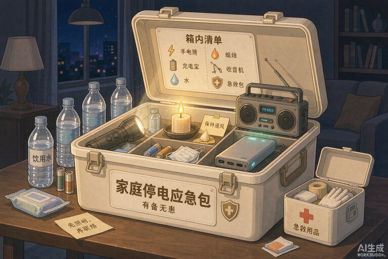 家庭停电应急包:打开的应急箱内有手电、蜡烛、充电宝、收音机与急救用品
