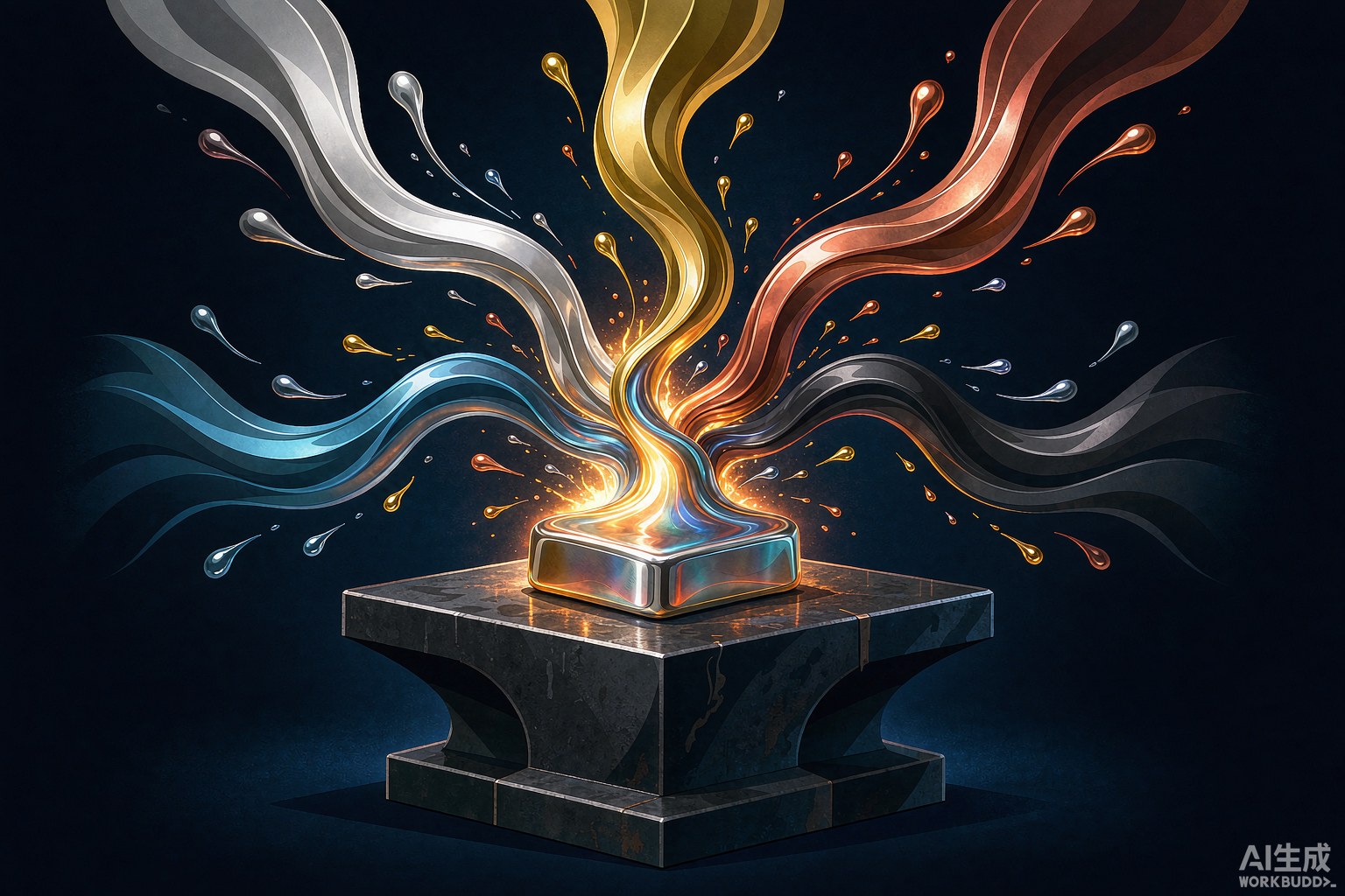 五种金属熔流交织成合金锭的插画