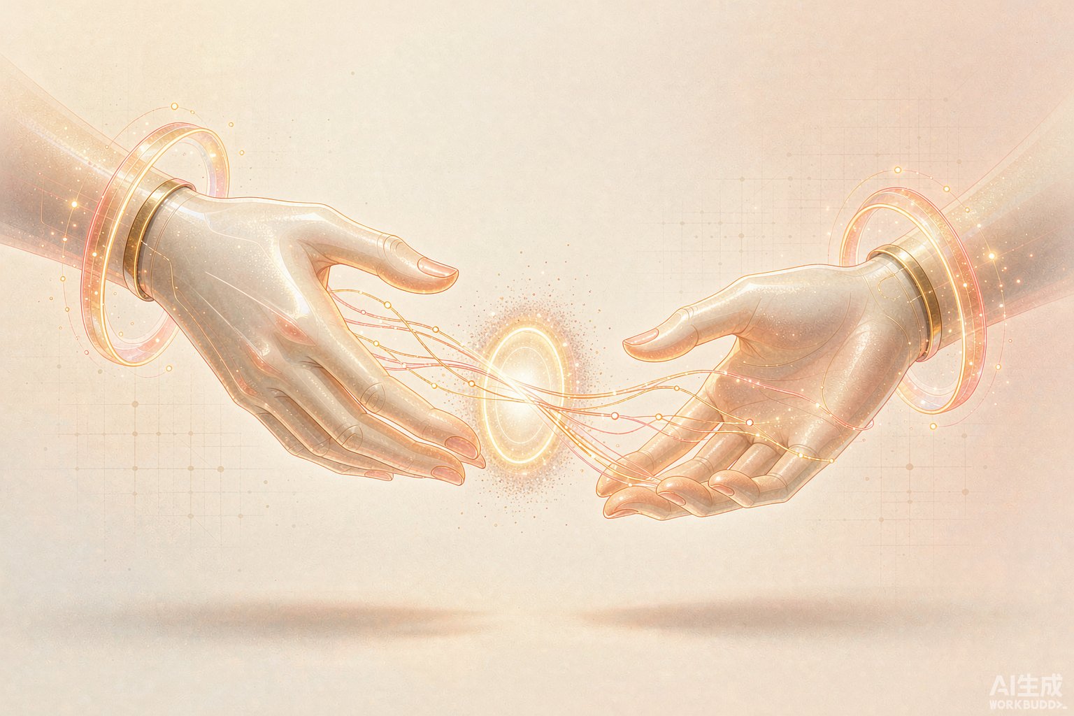 双手隔着发光的网络彼此相连的概念插画