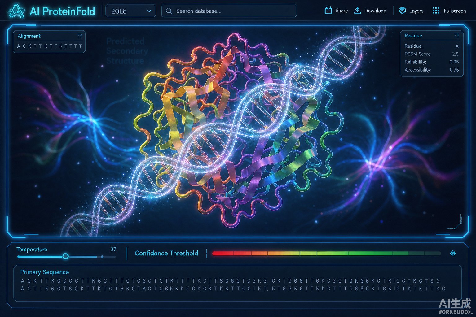 深蓝科学背景下多彩蛋白质三维带状分子模型与发光氨基酸链的数字插画