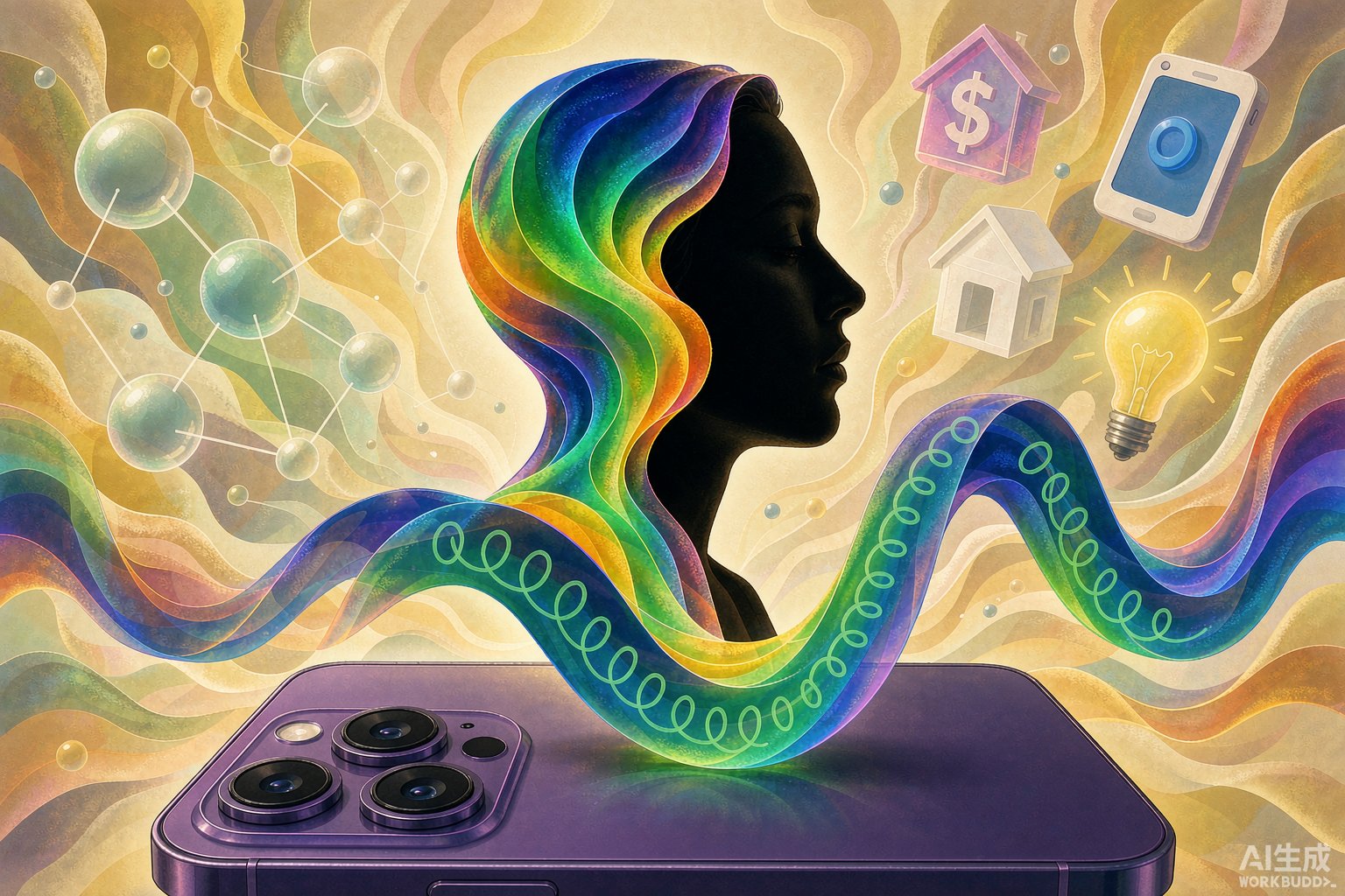 声波从手机中流出并化作人形剪影的插画