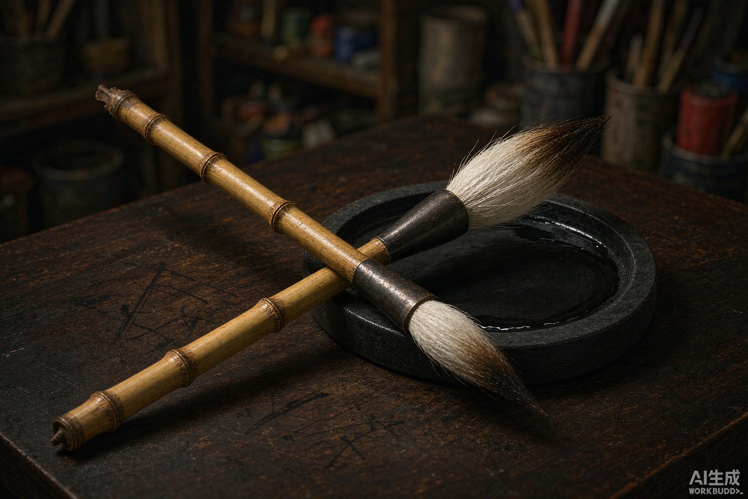 竹杆白毫的毛笔搁在砚台旁的插画