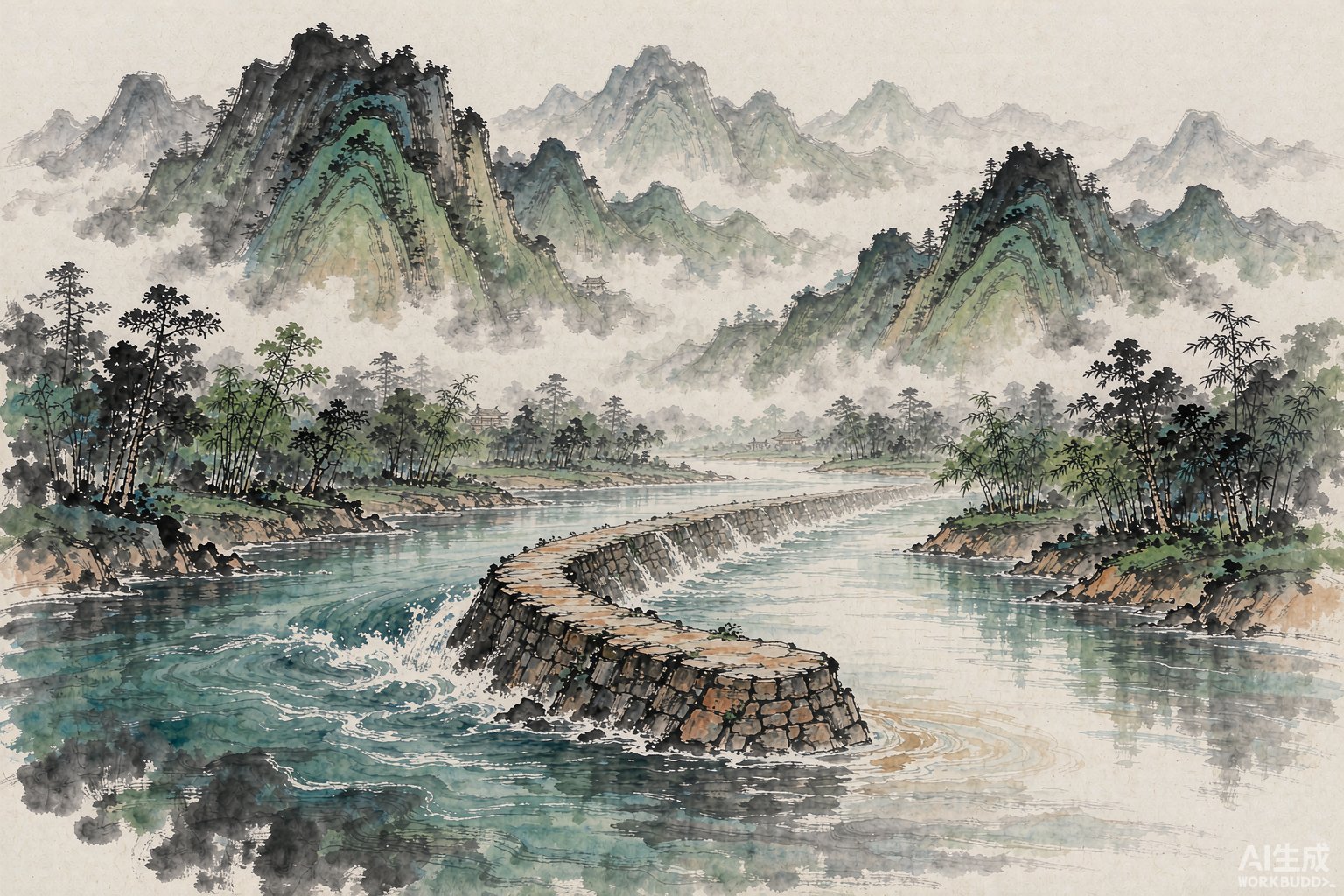 都江堰鱼嘴分水堤与岷江山水