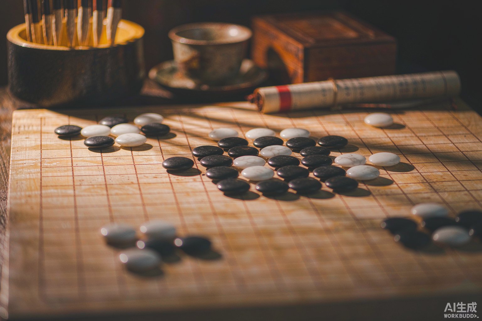 暖光下木质棋盘上的黑白棋子对局特写,背景有毛笔与茶盏的书房氛围