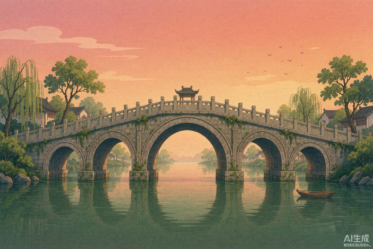 夕阳下敞肩石拱桥横跨河面的插画
