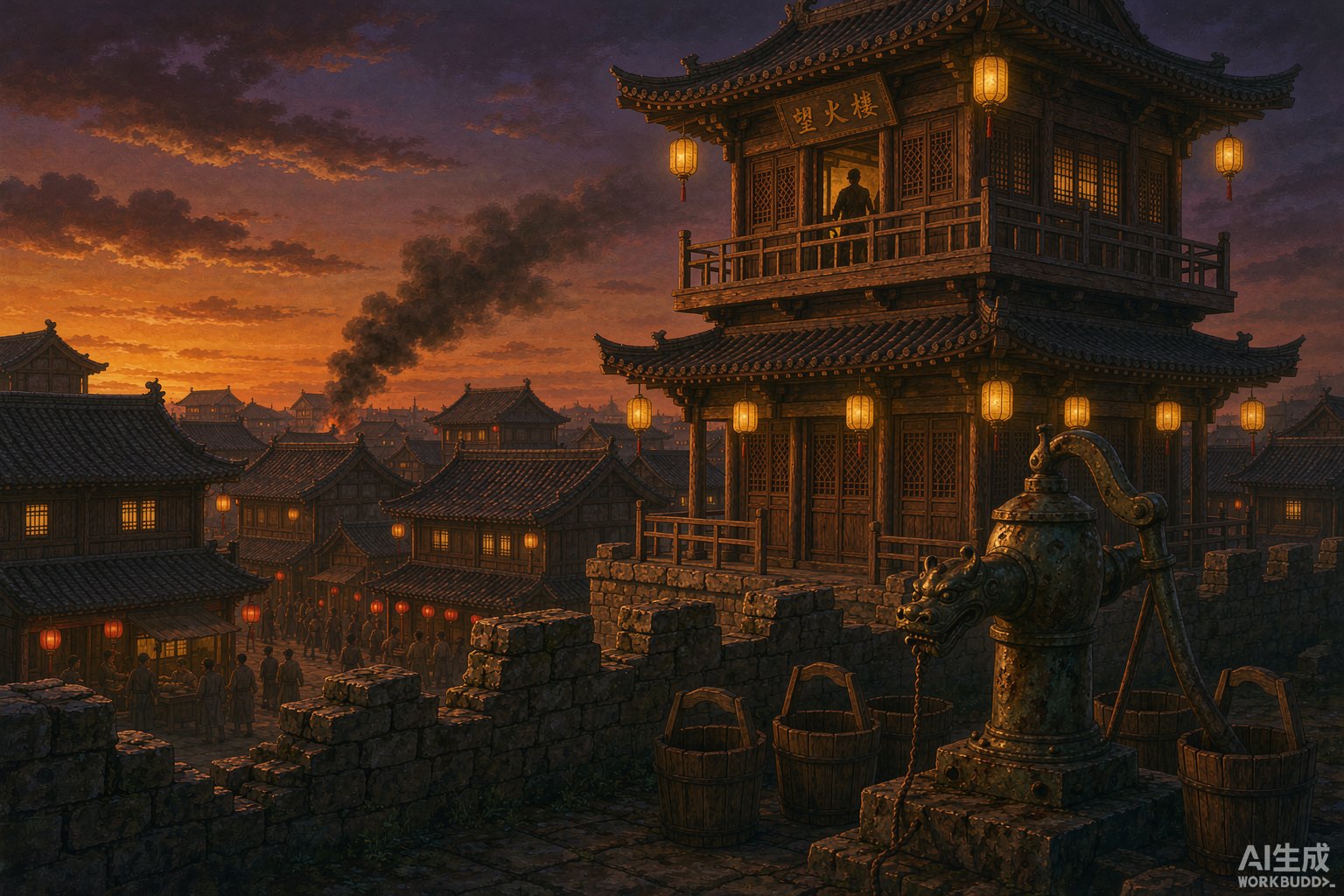 黄昏中古代中国望火楼俯瞰木构城市,前景是铜制水龙与木桶的历史场景插画