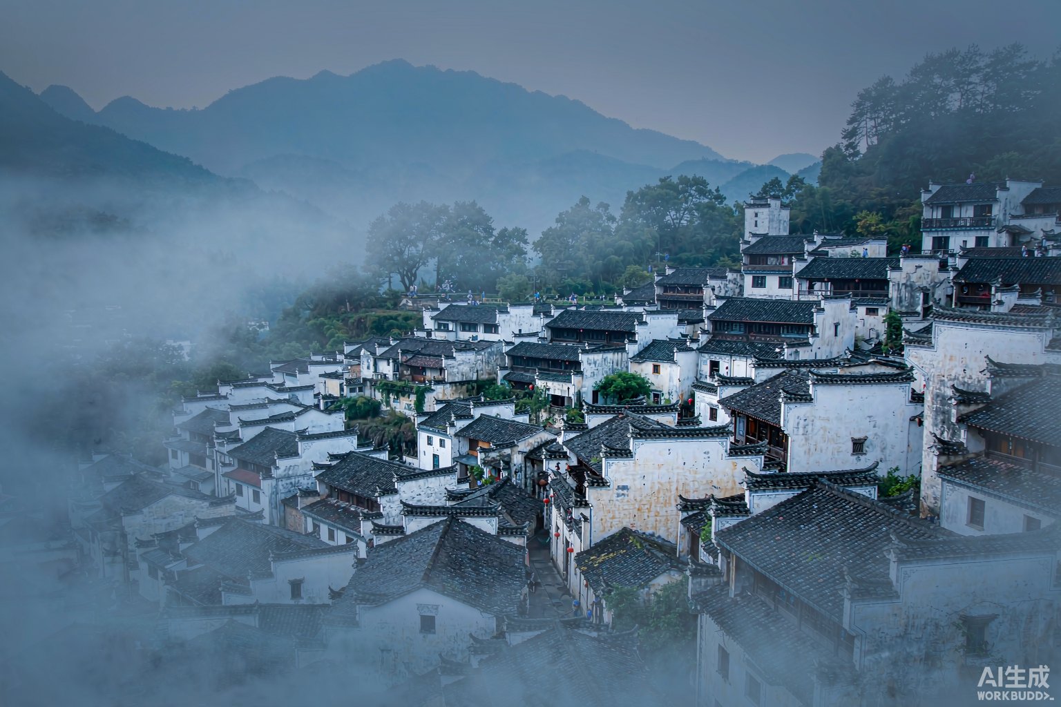 烟雨徽州古村落中层层叠叠的马头墙与青瓦白墙,远山如黛