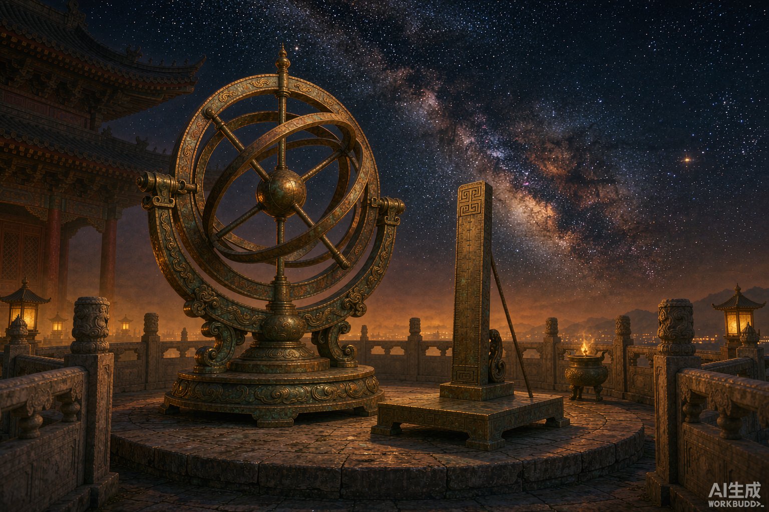 浑仪与圭表伫立在星空下古观星台上的插画