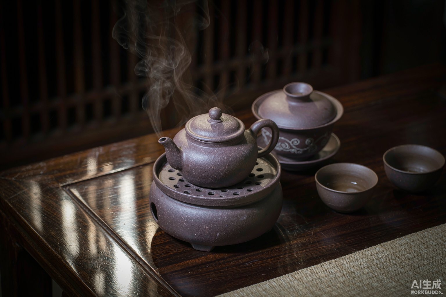 木茶盘上冒着热气的宜兴紫砂壶