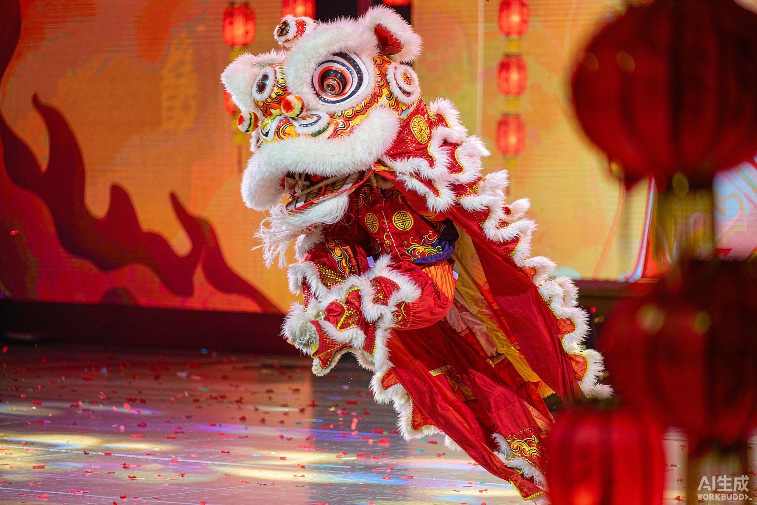 红金配色的舞狮腾跃于舞台,红灯笼与彩带飞舞