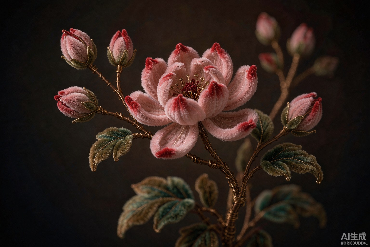 深色背景上粉红绒花与铜丝花茎的特写插画