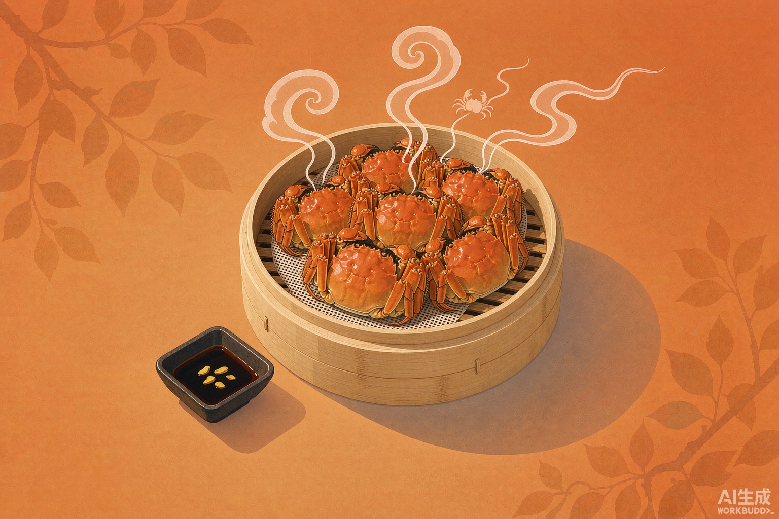 竹蒸笼里膏蟹与姜醋的插画