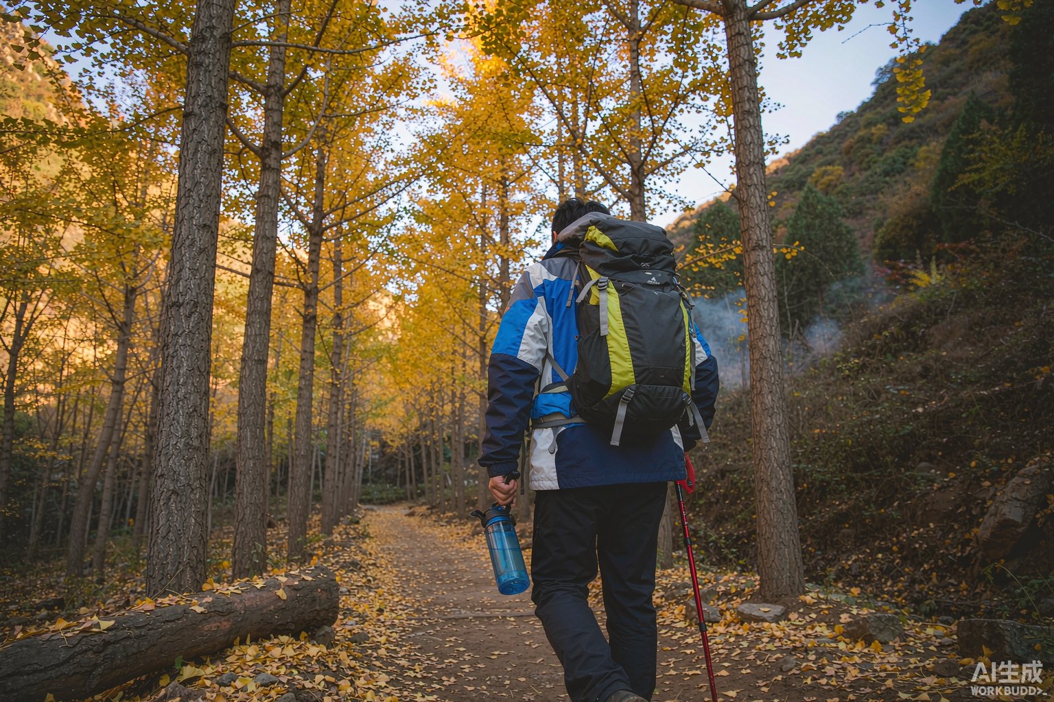 徒步者背着背包走在铺满金黄银杏叶的山间小径,晨雾弥漫