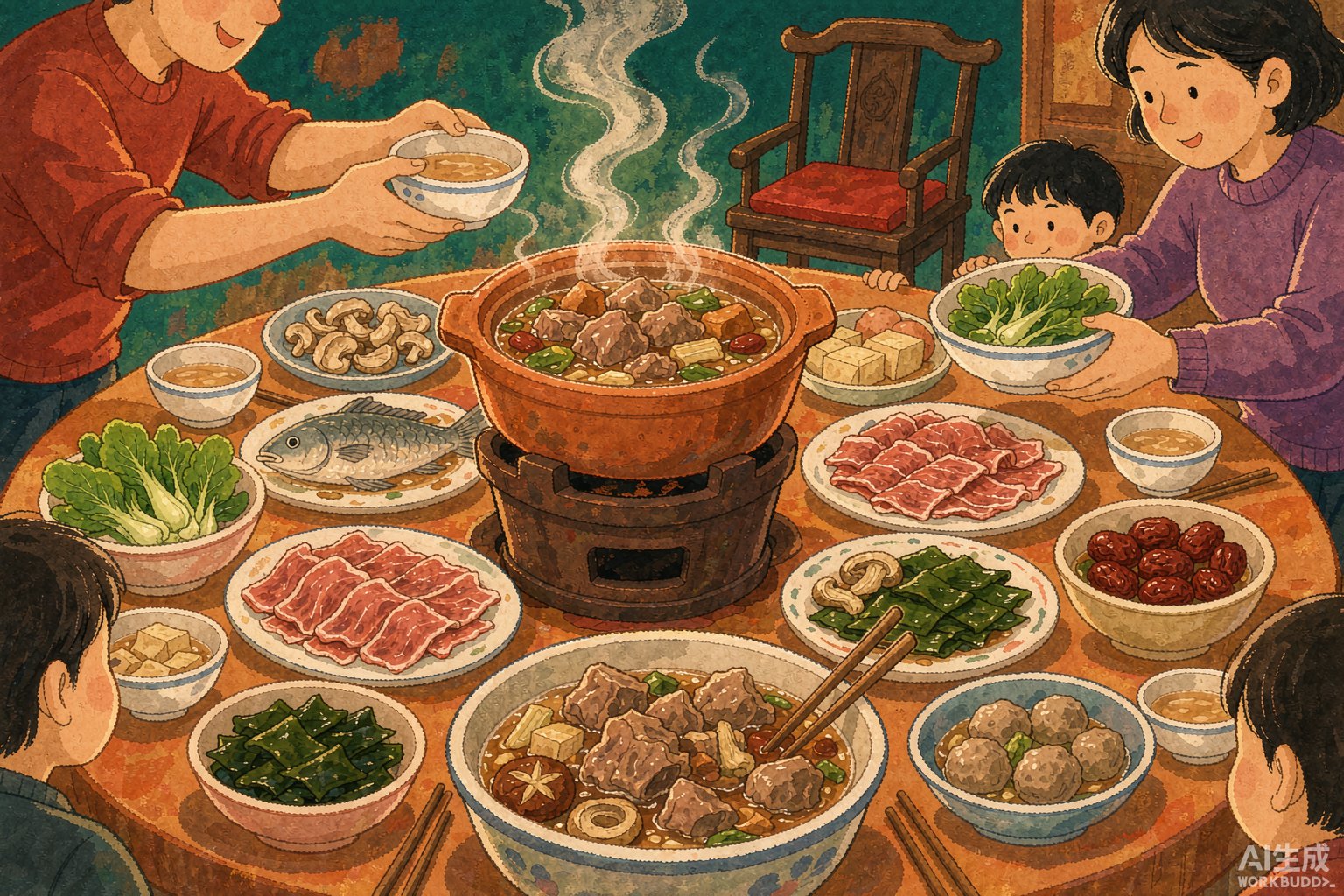 家庭餐桌中央冒着热气的火锅插画