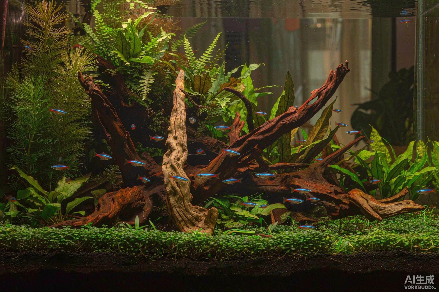 水草丰茂的观赏鱼缸造景