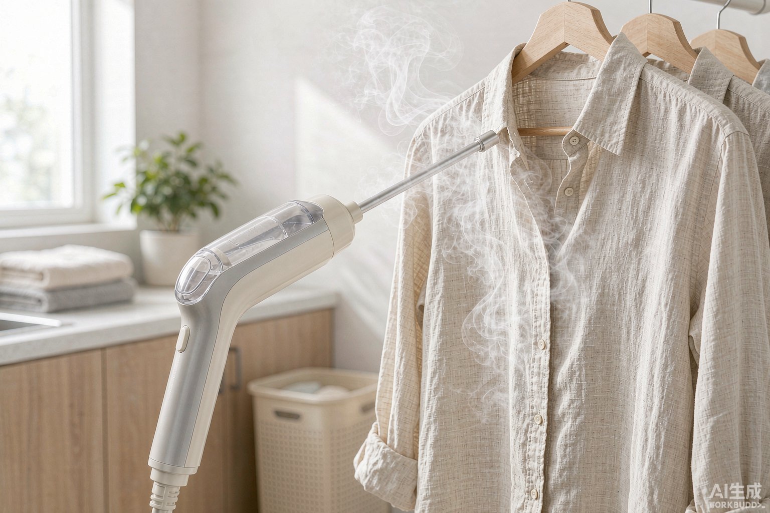 手持挂烫机正在熨烫悬挂的亚麻衬衫，蒸汽缭绕，明亮 laundry 空间