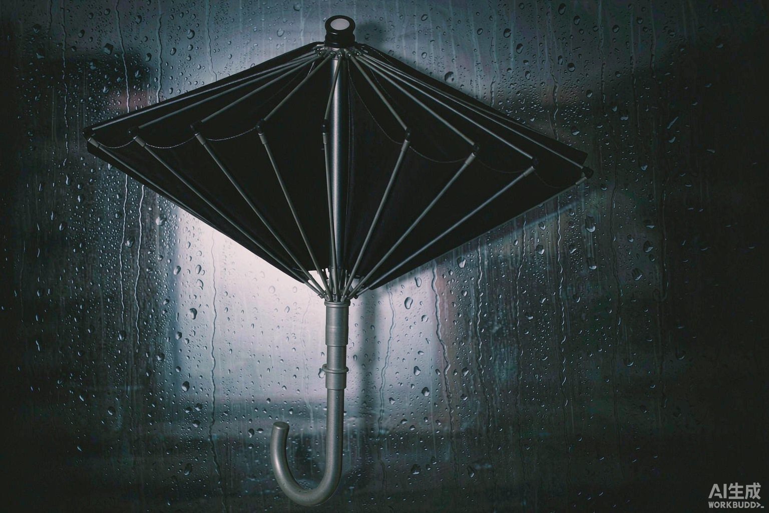 一把黑色长柄伞撑开立于雨窗前,伞骨结构清晰可见